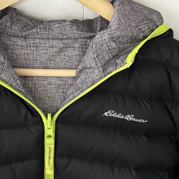 Boys Eddie Bauer Down Coat Size 14 16 Reversible Hooded Black Grey Winter Ski - Picture 5 of 11